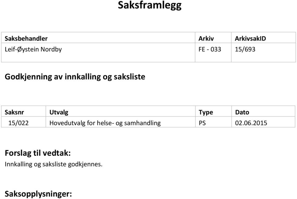 Dato 15/022 Hovedutvalg for helse- og samhandling PS 02.06.