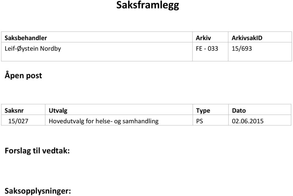 Utvalg Type Dato 15/027 Hovedutvalg for helse- og