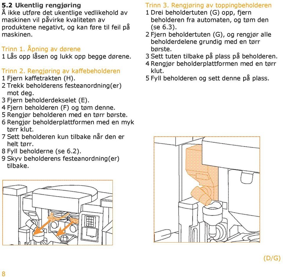 3 Fjern beholderdekselet (E). 4 Fjern beholderen (F) og tøm denne. 5 Rengjør beholderen med en tørr børste. 6 Rengjør beholderplattformen med en myk tørr klut.