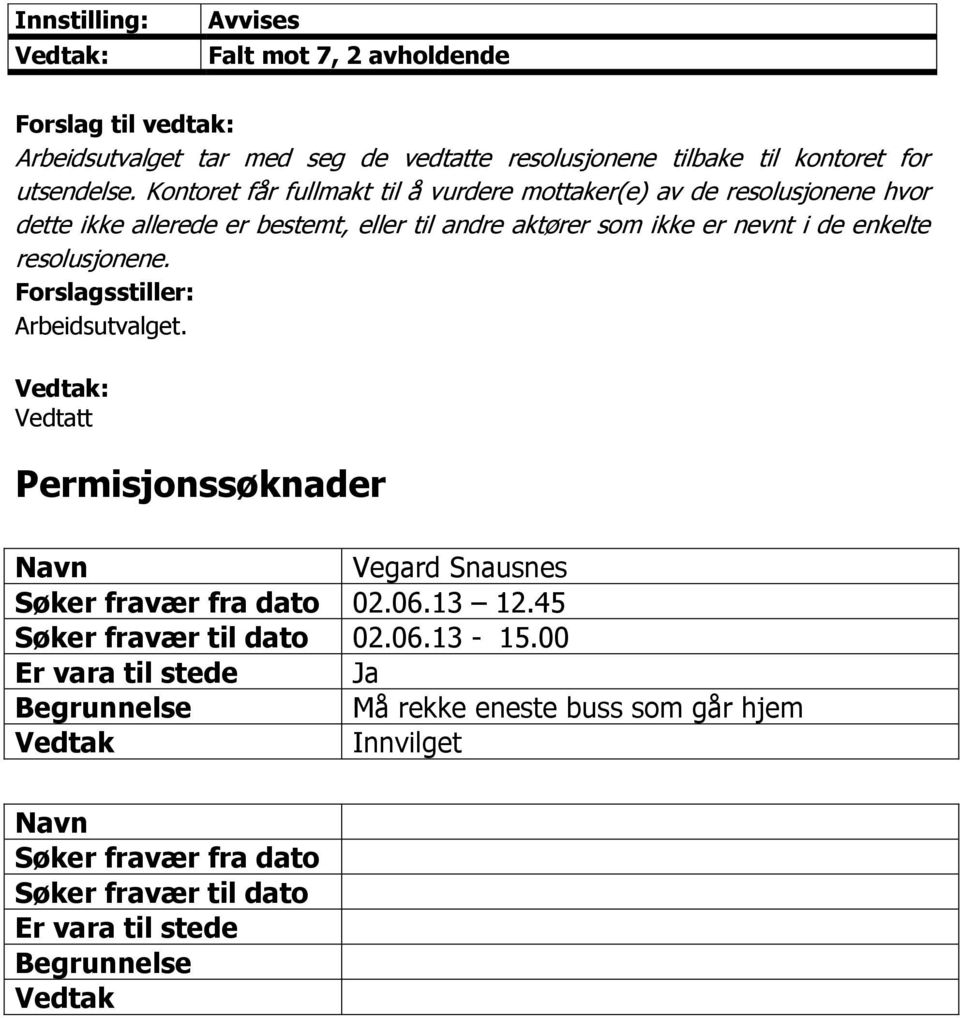 enkelte resolusjonene. Arbeidsutvalget. Vedtatt Permisjonssøknader Navn Vegard Snausnes Søker fravær fra dato 02.06.13 12.45 Søker fravær til dato 02.