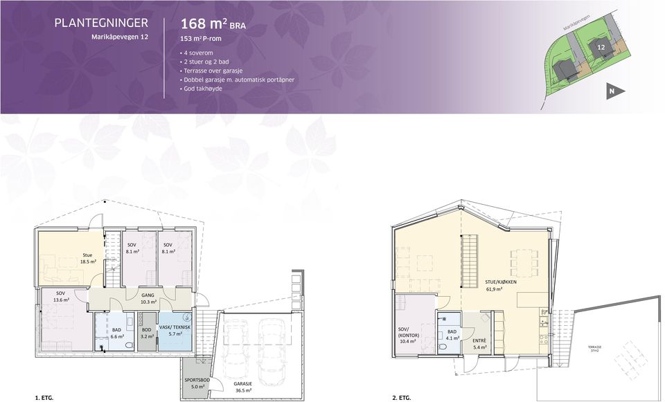 1 m² SOV 13.6 m² GANG 10.3 m² VV Tett trapp STUE/KJØKKEN 61,9 m² BAD 6.6m² BOD 3.2 m² VASK/ TEKNISK 5.