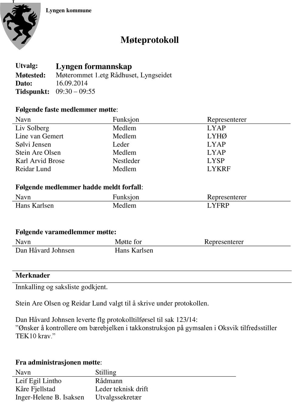 Arvid Brose Nestleder LYSP Reidar Lund Medlem LYKRF Følgende medlemmer hadde meldt forfall: Navn Funksjon Representerer Hans Karlsen Medlem LYFRP Følgende varamedlemmer møtte: Navn Møtte for