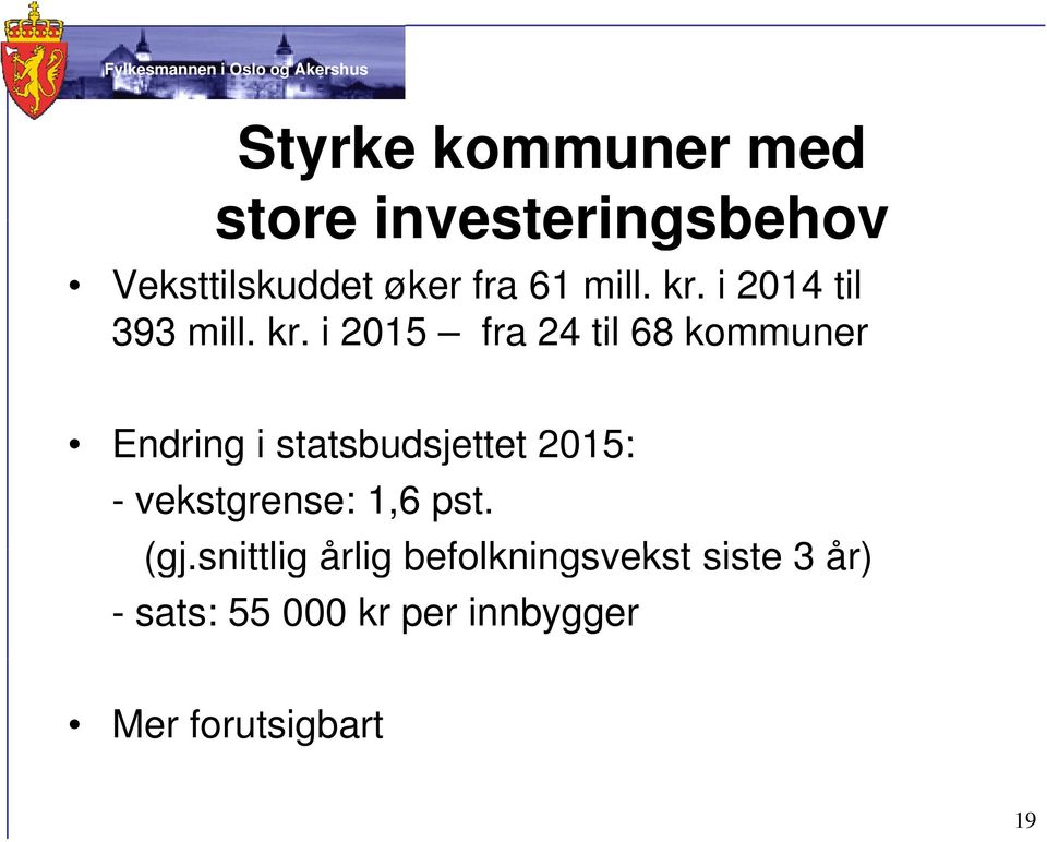 i 2014 til 393  i 2015 fra 24 til 68 kommuner Endring i statsbudsjettet