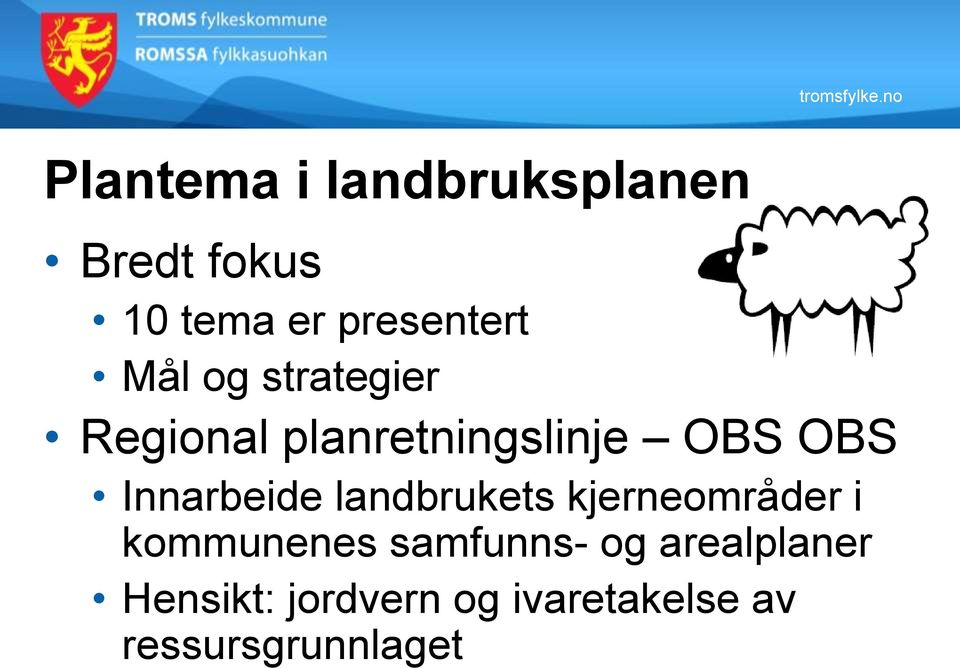 Mål og strategier Regional planretningslinje OBS OBS Innarbeide