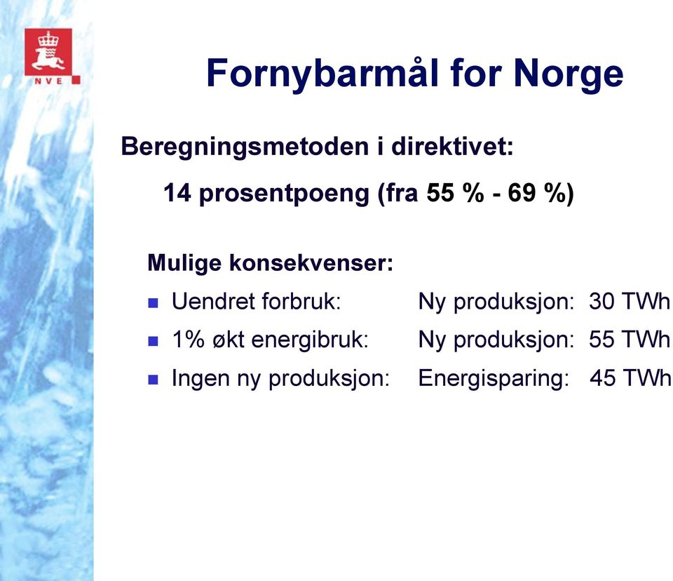 Uendret forbruk: 1% økt energibruk: Ingen ny produksjon: