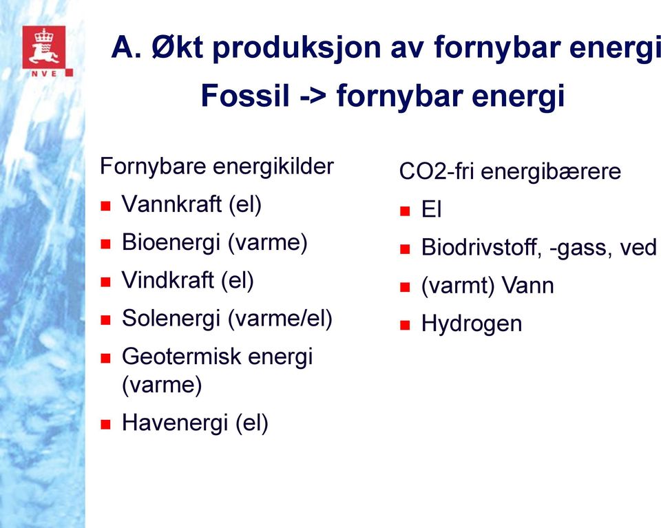 (el) Solenergi (varme/el) Geotermisk energi (varme) Havenergi (el)