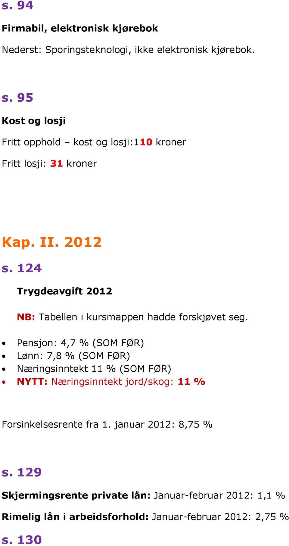 124 Trygdeavgift 2012 NB: Tabellen i kursmappen hadde forskjøvet seg.