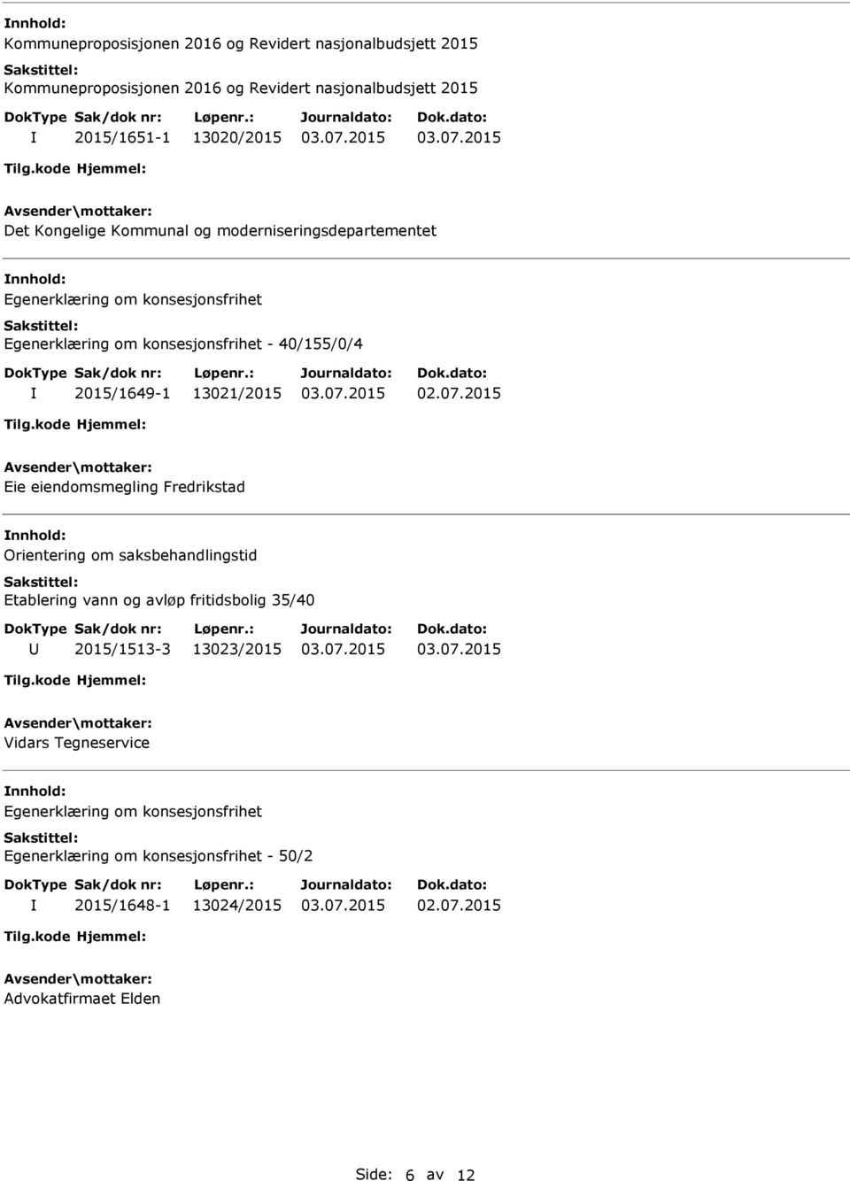 13021/2015 Eie eiendomsmegling Fredrikstad Orientering om saksbehandlingstid Etablering vann og avløp fritidsbolig 35/40 2015/1513-3 13023/2015