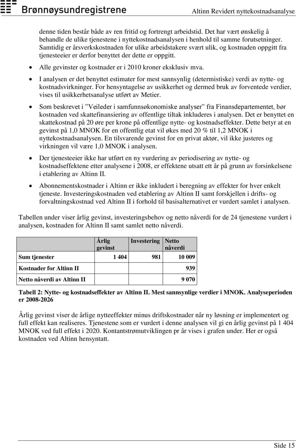 Alle gevinster og kostnader er i 2010 kroner eksklusiv mva. I analysen er det benyttet estimater for mest sannsynlig (determistiske) verdi av nytte- og kostnadsvirkninger.