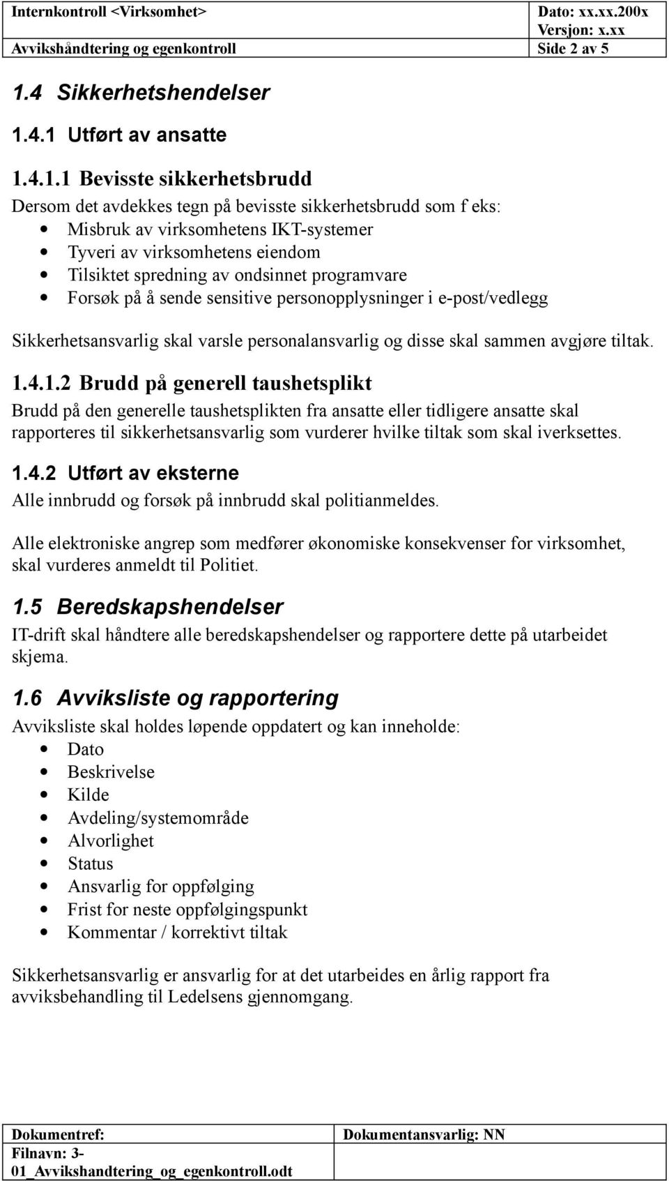 4.1 Utført av ansatte 1.4.1.1 Bevisste sikkerhetsbrudd Dersom det avdekkes tegn på bevisste sikkerhetsbrudd som f eks: Misbruk av virksomhetens IKT-systemer Tyveri av virksomhetens eiendom Tilsiktet