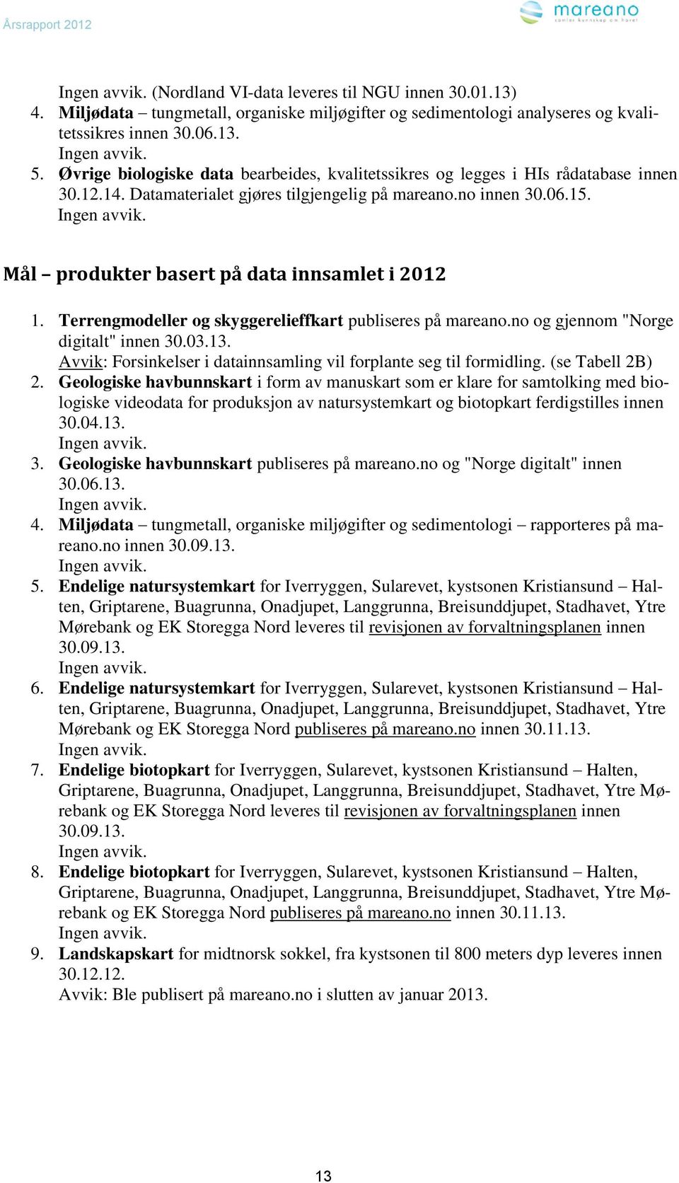 Mål produkter basert på data innsamlet i 2012 1. Terrengmodeller og skyggerelieffkart publiseres på mareano.no og gjennom "Norge digitalt" innen 30.03.13.