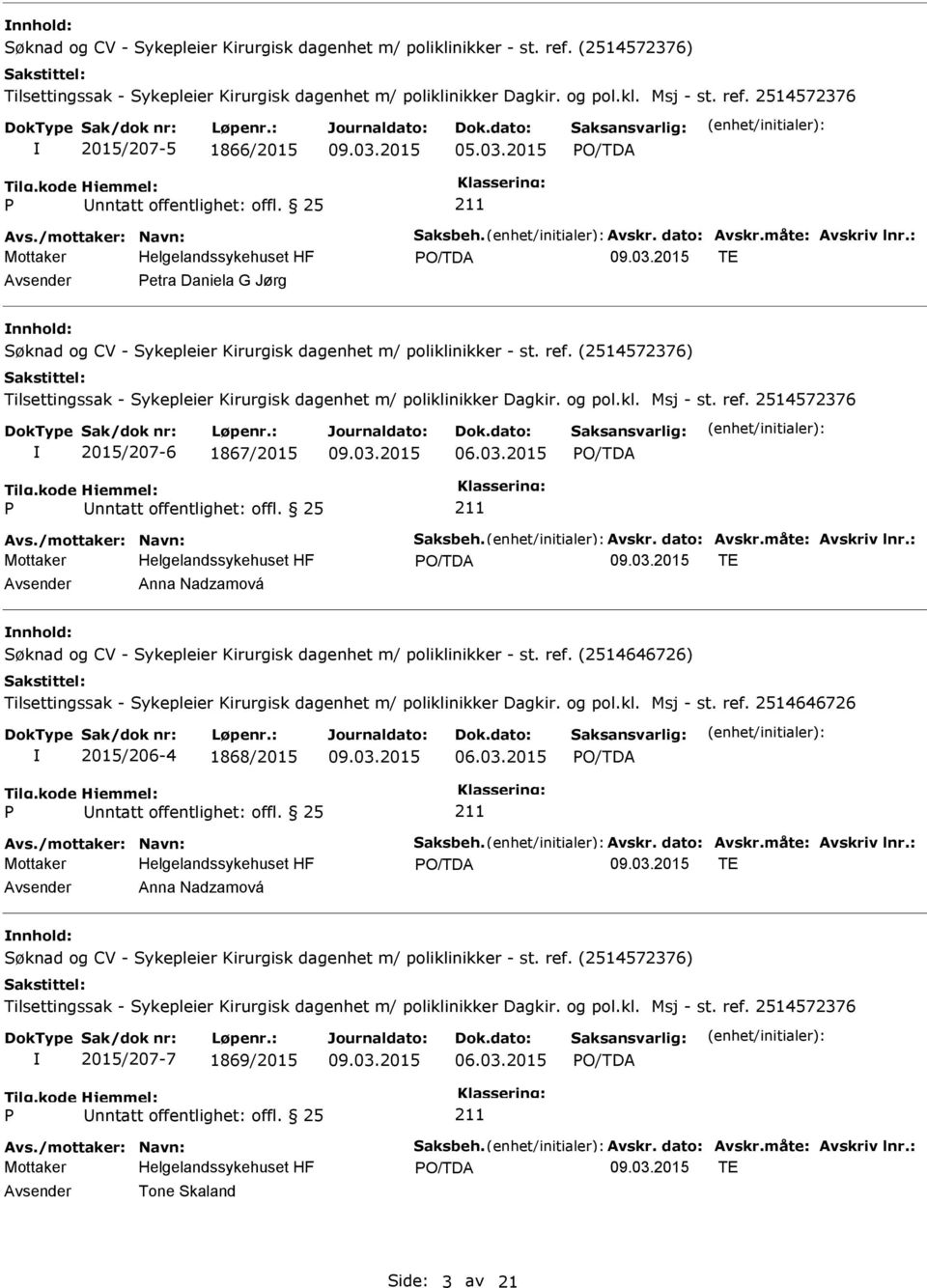 (2514572376) Tilsettingssak - Sykepleier Kirurgisk dagenhet m/ poliklinikker Dagkir. og pol.kl. Msj - st. ref. 2514572376 2015/207-6 1867/2015 06.03.2015 Avs./mottaker: Navn: Saksbeh. Avskr.