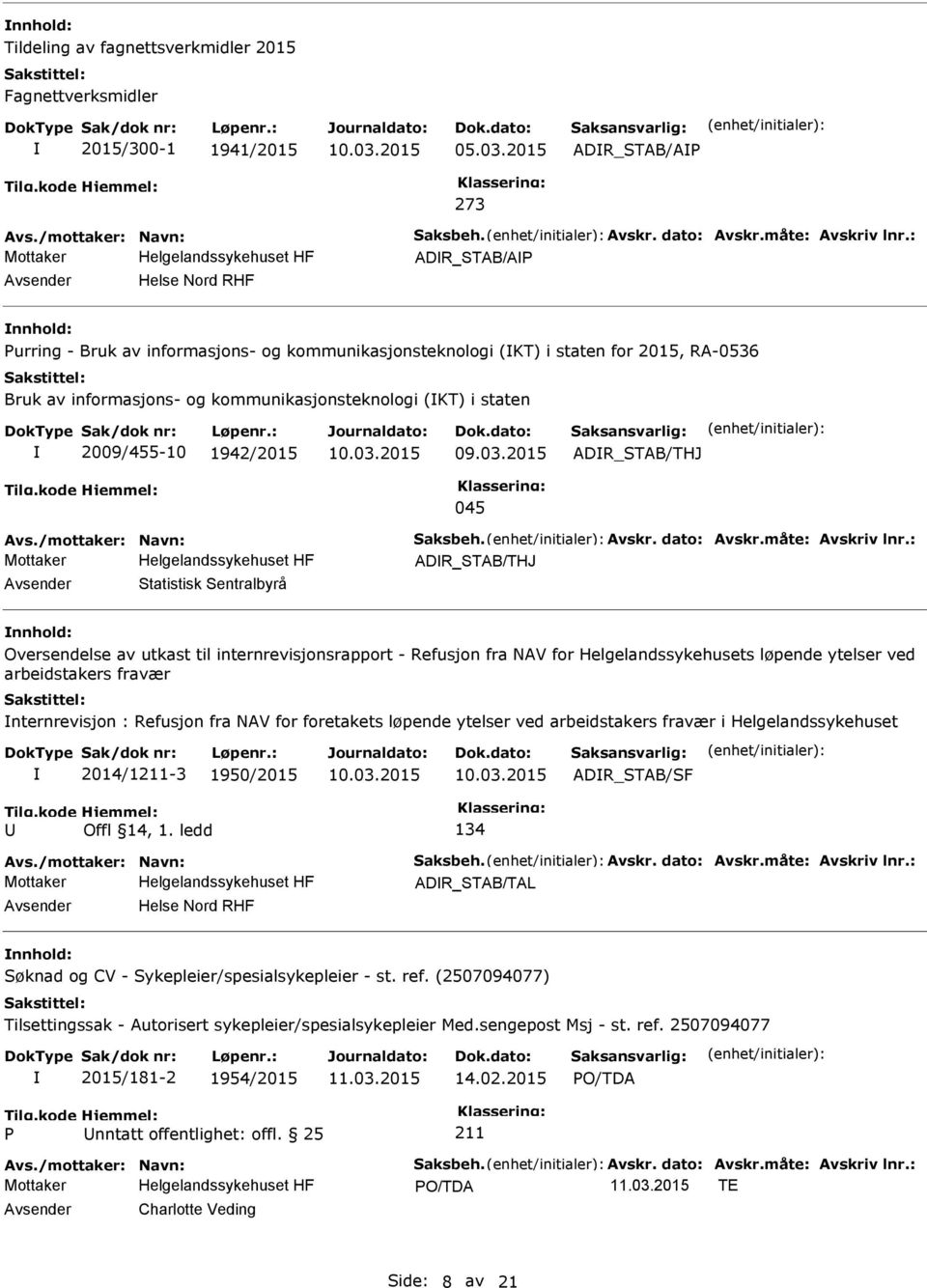 2009/455-10 1942/2015 ADR_STAB/THJ 045 Avs./mottaker: Navn: Saksbeh. Avskr. dato: Avskr.måte: Avskriv lnr.