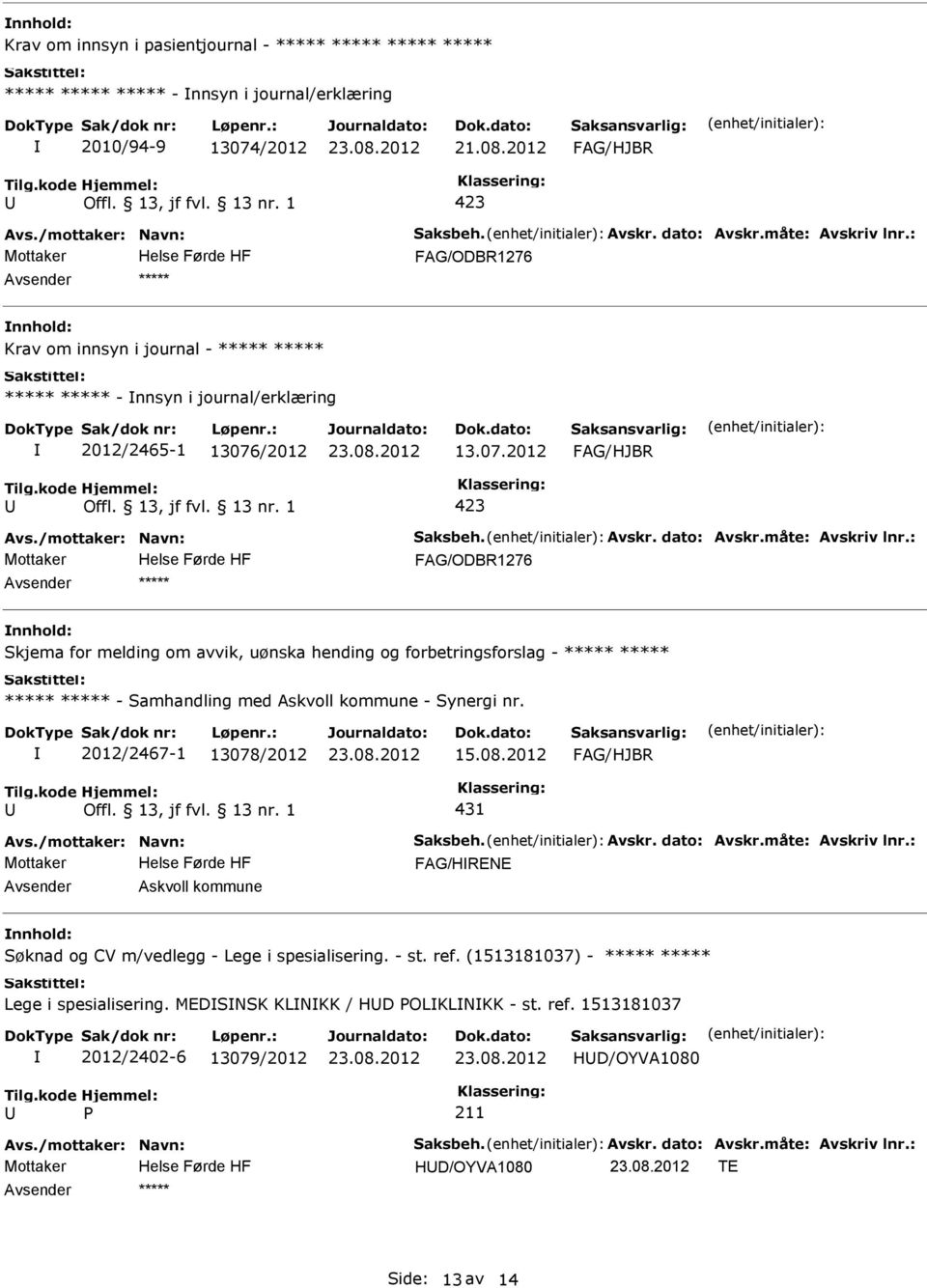 /2012 13.07.2012 nnhold: Skjema for melding om avvik, uønska hending og forbetringsforslag - ***** ***** ***** ***** - Samhandling med Askvoll kommune - Synergi nr.