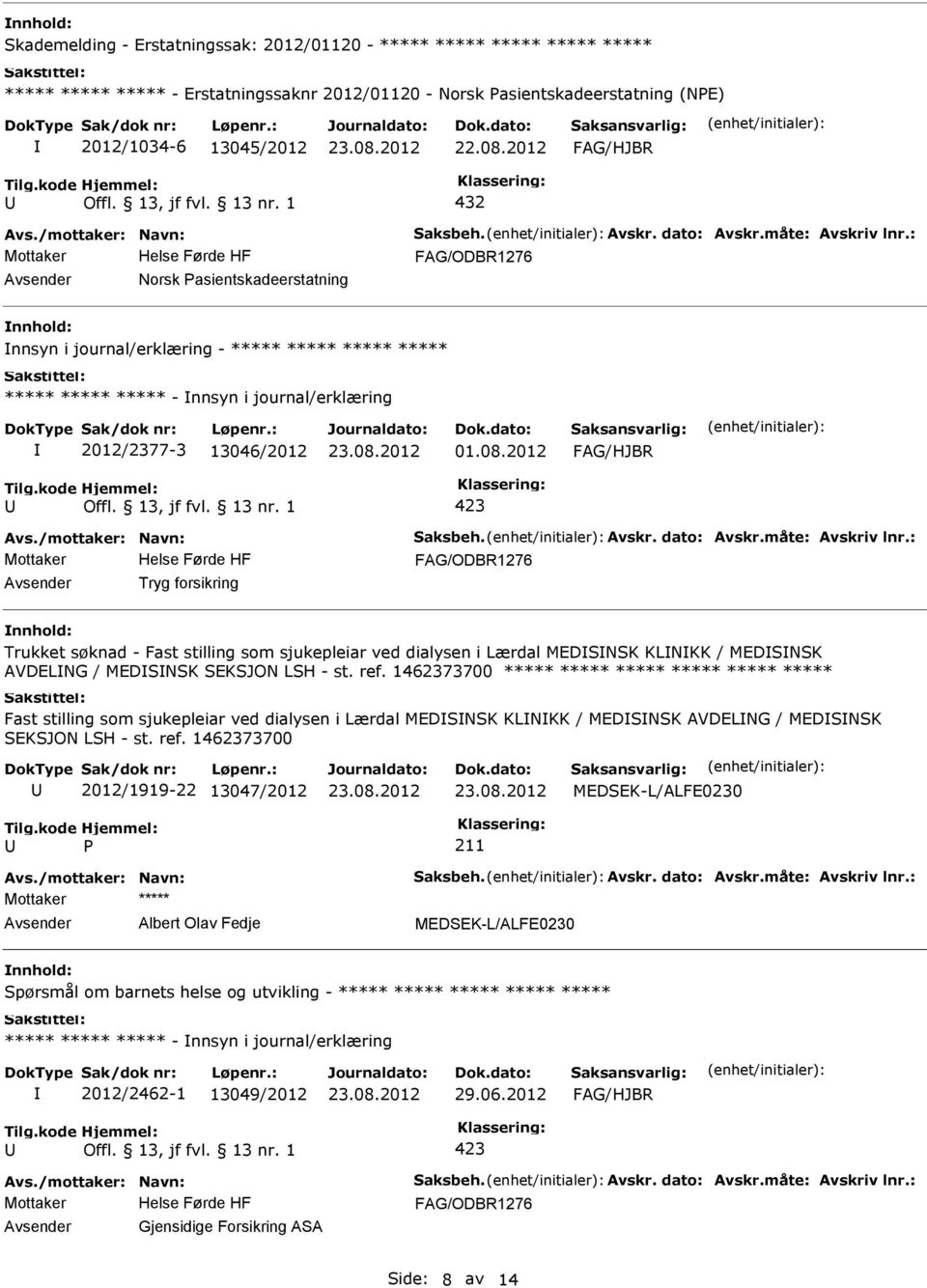 2012 Tryg forsikring nnhold: Trukket søknad - Fast stilling som sjukepleiar ved dialysen i Lærdal MEDSNSK KLNKK / MEDSNSK AVDELNG / MEDSNSK SEKSJON LSH - st. ref.