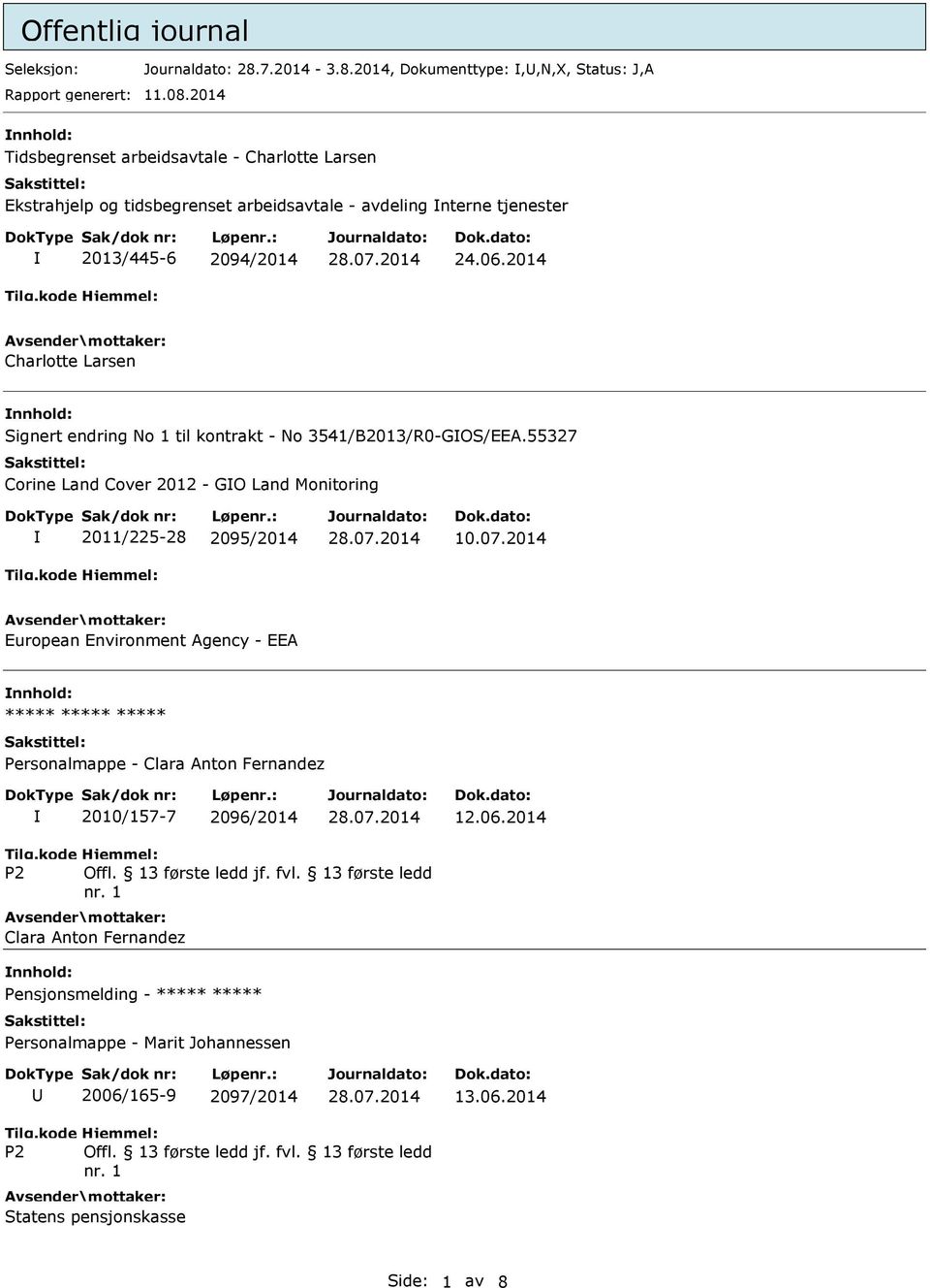 2014 Charlotte Larsen Signert endring No 1 til kontrakt No 3541/B2013/R0GOS/EEA.55327 Corine Land Cover 2012 GO Land Monitoring 2011/22528 2095/2014 10.07.