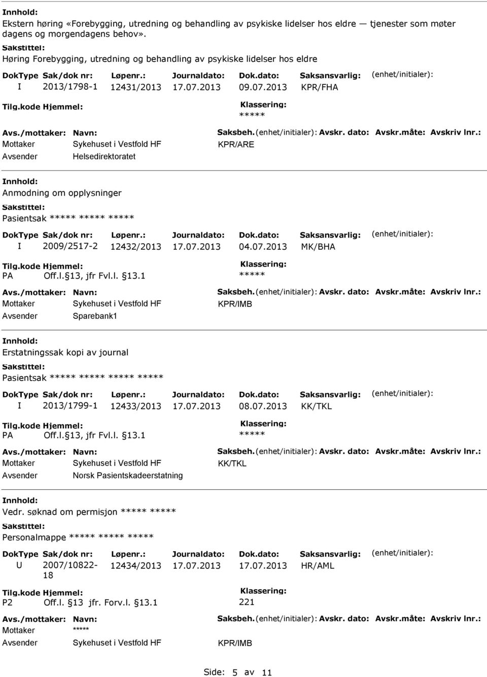 : KPR/ARE Helsedirektoratet Anmodning om opplysninger Pasientsak 2009/2517-2 12432/2013 04.07.2013 MK/BHA Avs./mottaker: Navn: Saksbeh. Avskr. dato: Avskr.måte: Avskriv lnr.