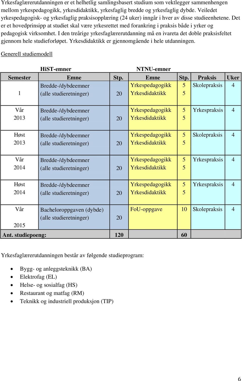 Det er et hovedprinsipp at studiet skal være yrkesrettet med forankring i praksis både i yrker og pedagogisk virksomhet.