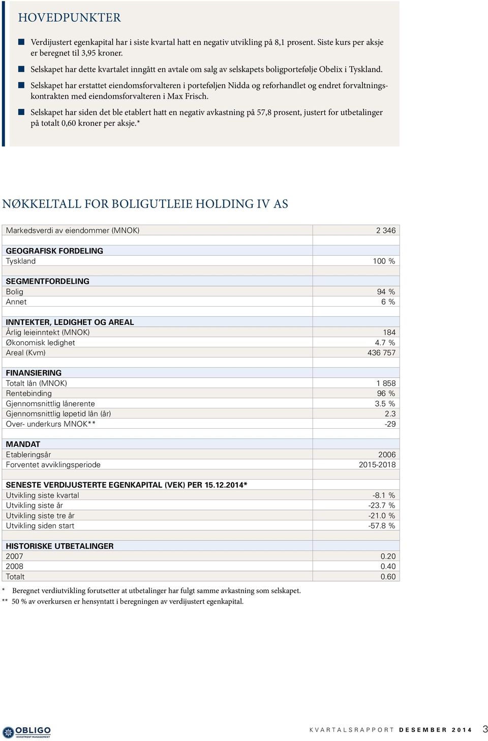 Selskapet har erstattet eiendomsforvalteren i porteføljen Nidda og reforhandlet og endret forvaltningskontrakten med eiendomsforvalteren i Max Frisch.