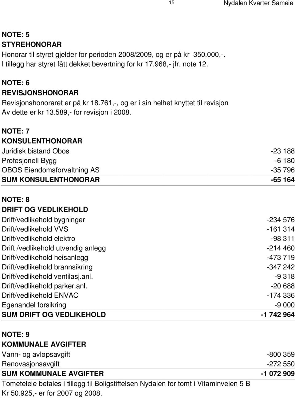 N O T E : 7 K O N S U L E N T H O N O R A R Juridisk bistand Obos -23 188 Profesjonell Bygg -6 180 O B O S E i e n d o m s f o r v a l t n i n g A S -35 796 S U M K O N S U L E N T H O N O R A R -65