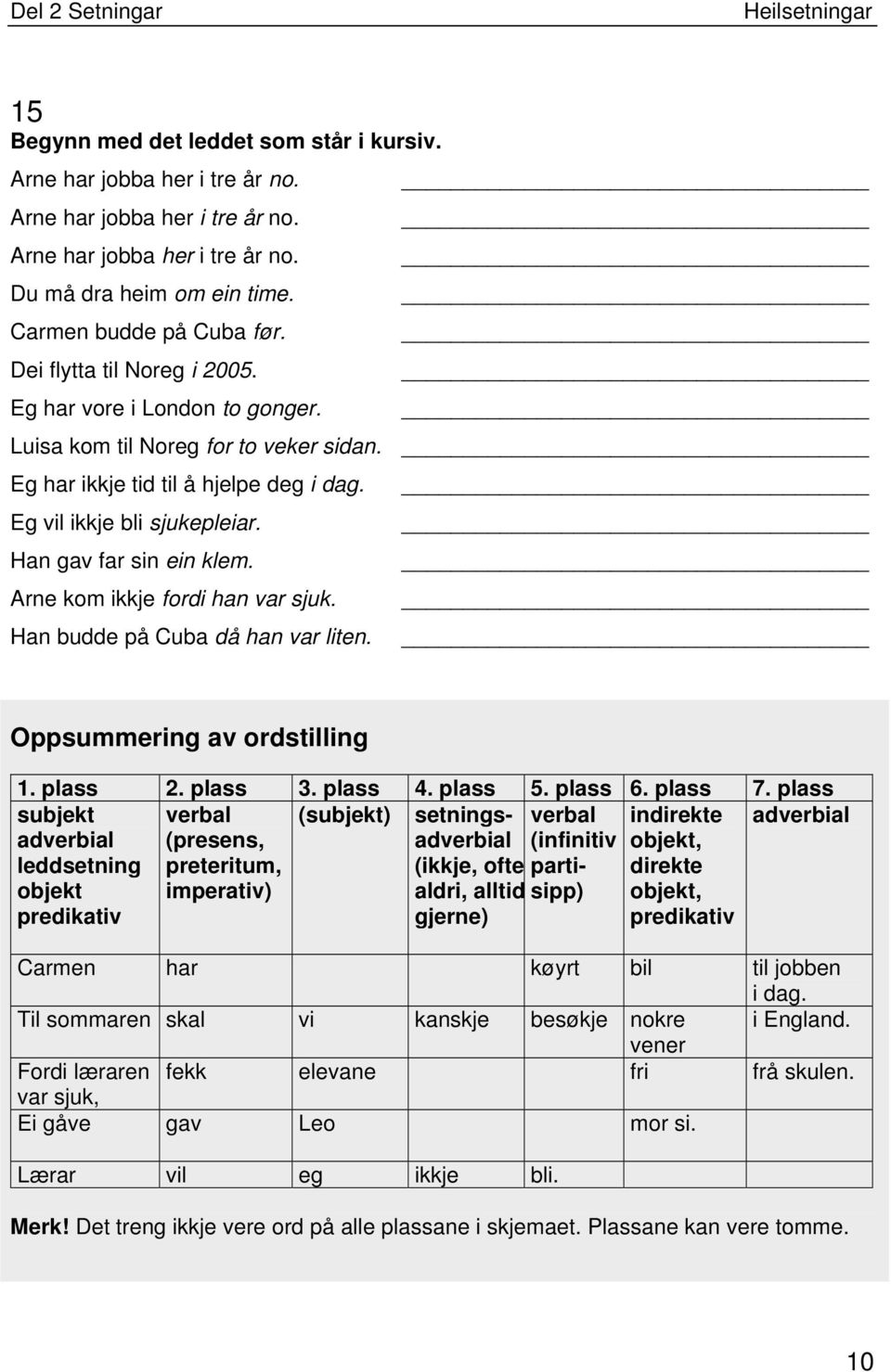 Arne kom ikkje fordi han var sjuk. Han budde på Cuba då han var liten. Oppsummering av ordstilling 1. plass 2. plass 3. plass 4. plass 5. plass 6. plass 7.