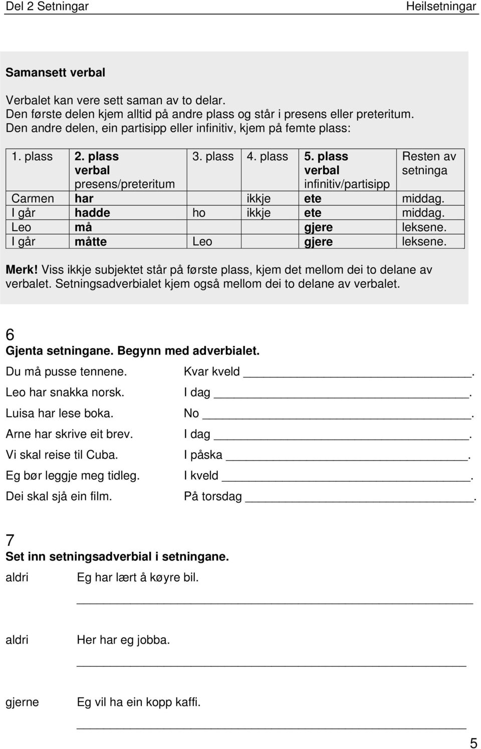 plass verbal Resten av setninga presens/preteritum infinitiv/partisipp Carmen har ikkje ete middag. I går hadde ho ikkje ete middag. Leo må gjere leksene. I går måtte Leo gjere leksene. Merk!