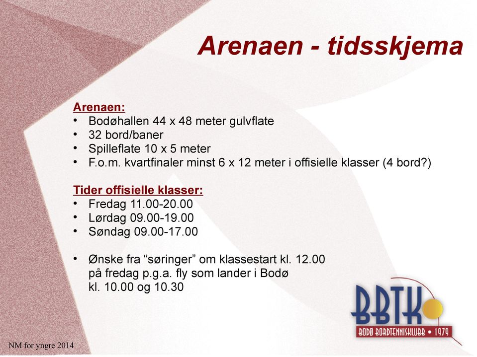 ) Tider offisielle klasser: Fredag 11.00-20.00 Lørdag 09.00-19.00 Søndag 09.00-17.