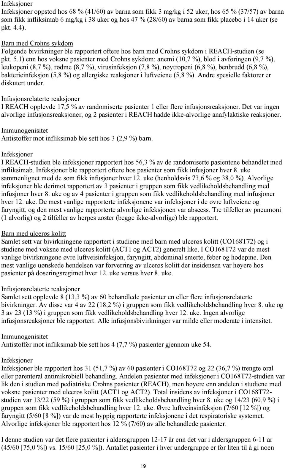 1) enn hos voksne pasienter med Crohns sykdom: anemi (10,7 %), blod i avføringen (9,7 %), leukopeni (8,7 %), rødme (8,7 %), virusinfeksjon (7,8 %), nøytropeni (6,8 %), benbrudd (6,8 %),