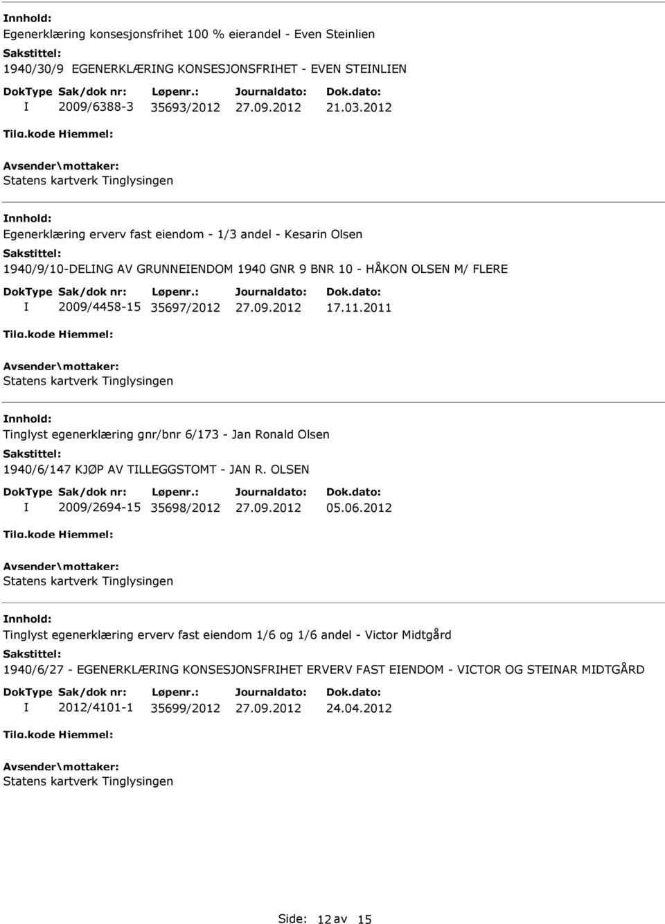 2011 nnhold: Tinglyst egenerklæring gnr/bnr 6/173 - Jan Ronald Olsen 1940/6/147 KJØP AV TLLEGGSTOMT - JAN R. OLSEN 2009/2694-15 35698/2012 05.06.