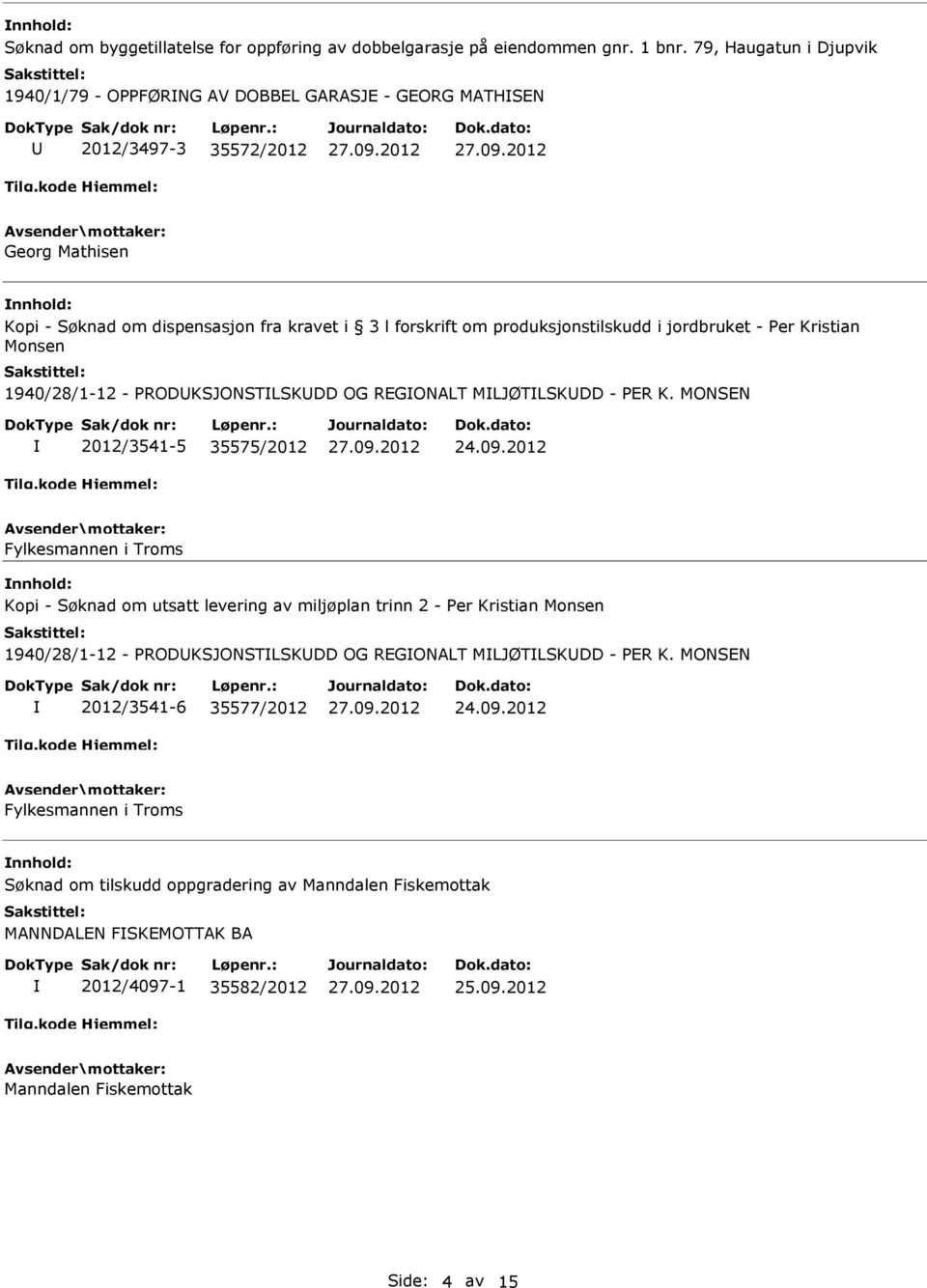 produksjonstilskudd i jordbruket - Per Kristian Monsen 1940/28/1-12 - PRODKSJONSTLSKDD OG REGONALT MLJØTLSKDD - PER K. MONSEN 2012/3541-5 35575/2012 24.09.