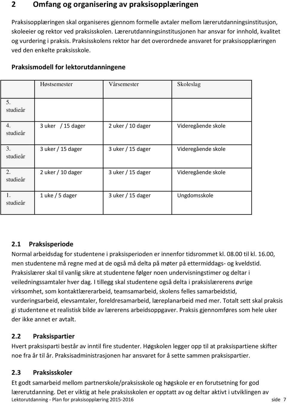 Praksismodell for lektorutdanningene Høstsemester Vårsemester Skoleslag 5. studieår 4. studieår 3. studieår 2. studieår 1.