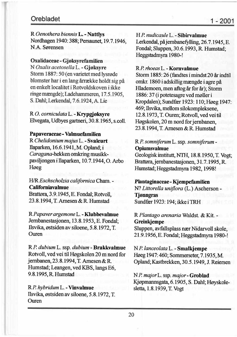6.1924, A. Lie RO. corniculata L. - Krypgjøksyre Elvegata, Udbyes gartneri, 30.8.1965, s.eoll. Papaveraceae - Valmuefamilien R Chelidonium majus L. - Svaleurt llaparken, 16.6.1941,M.