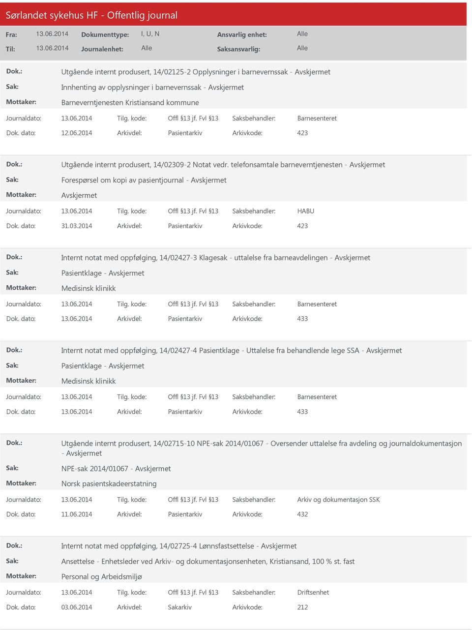 2014 Arkivdel: Pasientarkiv Arkivkode: 423 Internt notat med oppfølging, 14/02427-3 Klagesak - uttalelse fra barneavdelingen - Pasientklage - Medisinsk klinikk Barnesenteret Dok.