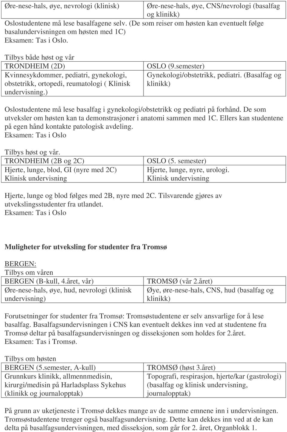 Klinisk undervisning.) OSLO (9.semester) Gynekologi/obstetrikk, pediatri. (Basalfag og Oslostudentene må lese basalfag i gynekologi/obstetrikk og pediatri på forhånd.