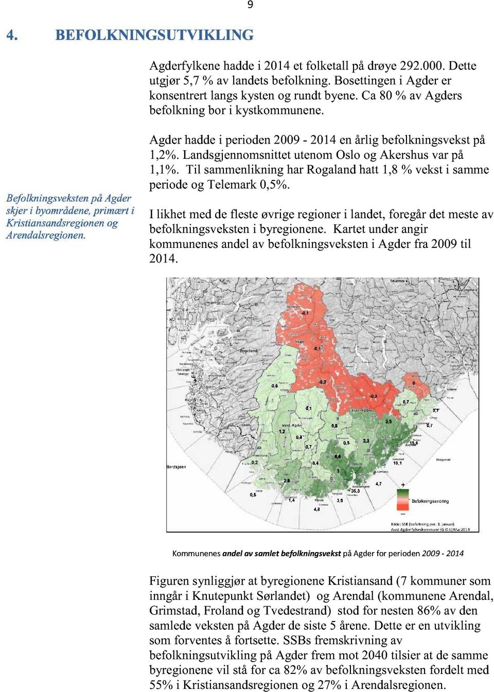 Agderhaddei perioden2009-2014enårlig befolkningsvekstpå 1,2%. Landsgjennomsnittet utenomosloog Akershusvar på 1,1%. Til sammenlikningharrogalandhatt1,8% veksti samme periodeog Telemark0,5%.