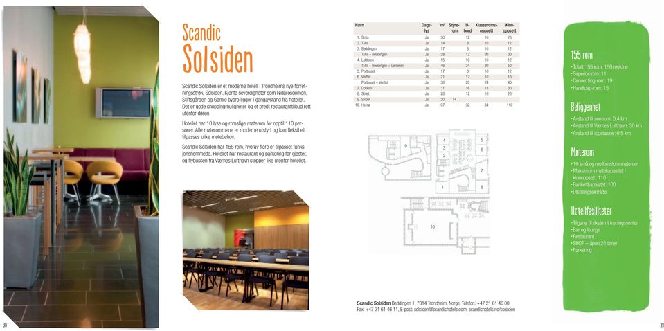 Alle mene er moderne utstyrt og kan fl eksibelt tilpasses ulike møtebehov. Scandic Solsiden har 155 rom, hvorav fl ere er tilpasset funksjonshemmede.