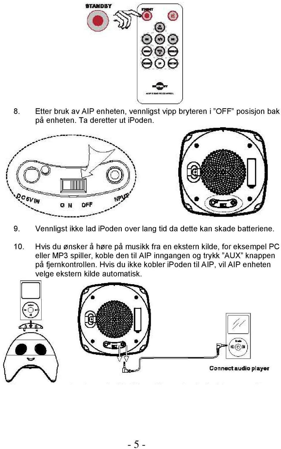 Hvis du ønsker å høre på musikk fra en ekstern kilde, for eksempel PC eller MP3 spiller, koble den til AIP