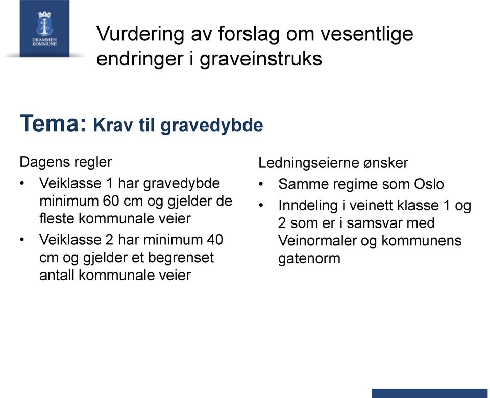 har minimum 40 cm og gjelder et begrenset antall kommunale veier Ledningseierne ønsker Samme