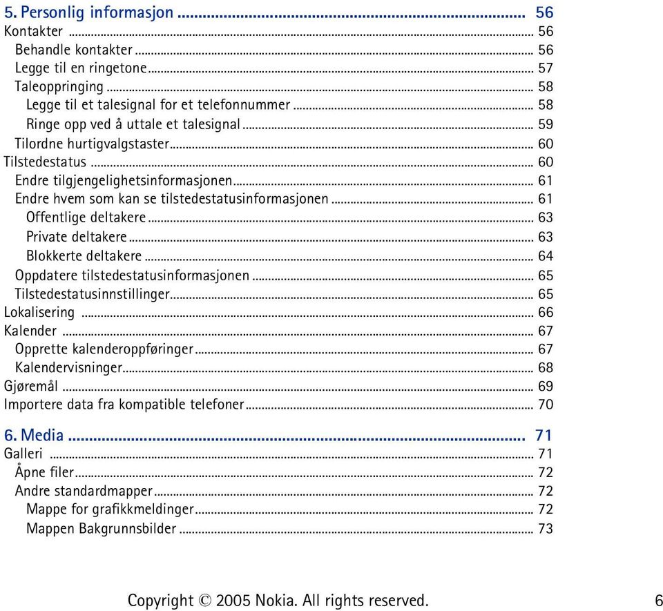 .. 61 Offentlige deltakere... 63 Private deltakere... 63 Blokkerte deltakere... 64 Oppdatere tilstedestatusinformasjonen... 65 Tilstedestatusinnstillinger... 65 Lokalisering... 66 Kalender.