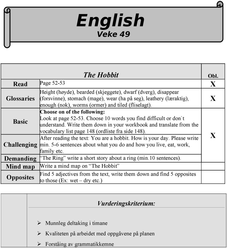 Write them down in your workbook and translate from the vocabulary list page 148 (ordliste fra side 148). After reading the text: You are a hobbit. How is your day. Please write Challenging min.