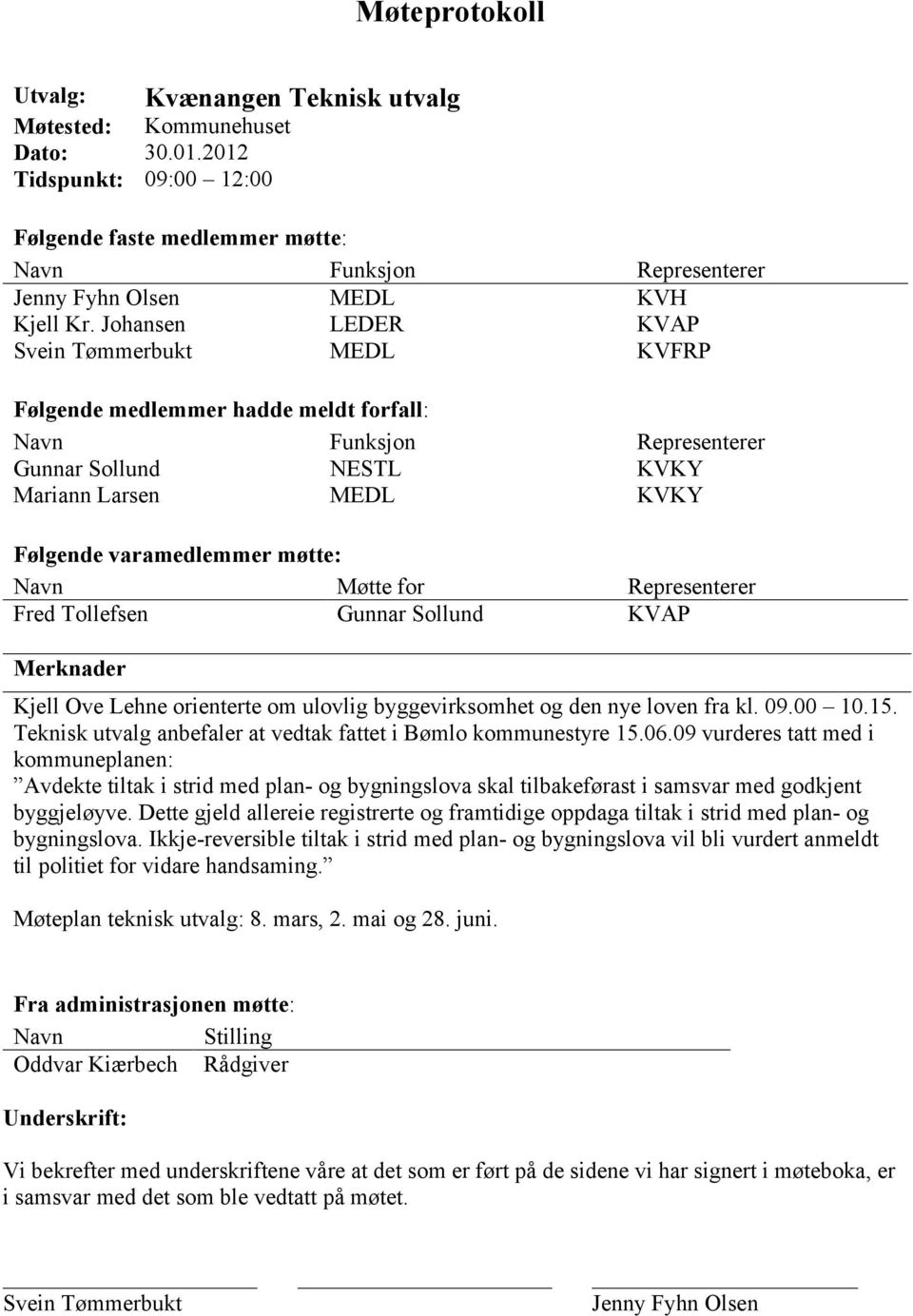 Johansen LEDER KVAP Svein Tømmerbukt MEDL KVFRP Følgende medlemmer hadde meldt forfall: Navn Funksjon Representerer Gunnar Sollund NESTL KVKY Mariann Larsen MEDL KVKY Følgende varamedlemmer møtte: