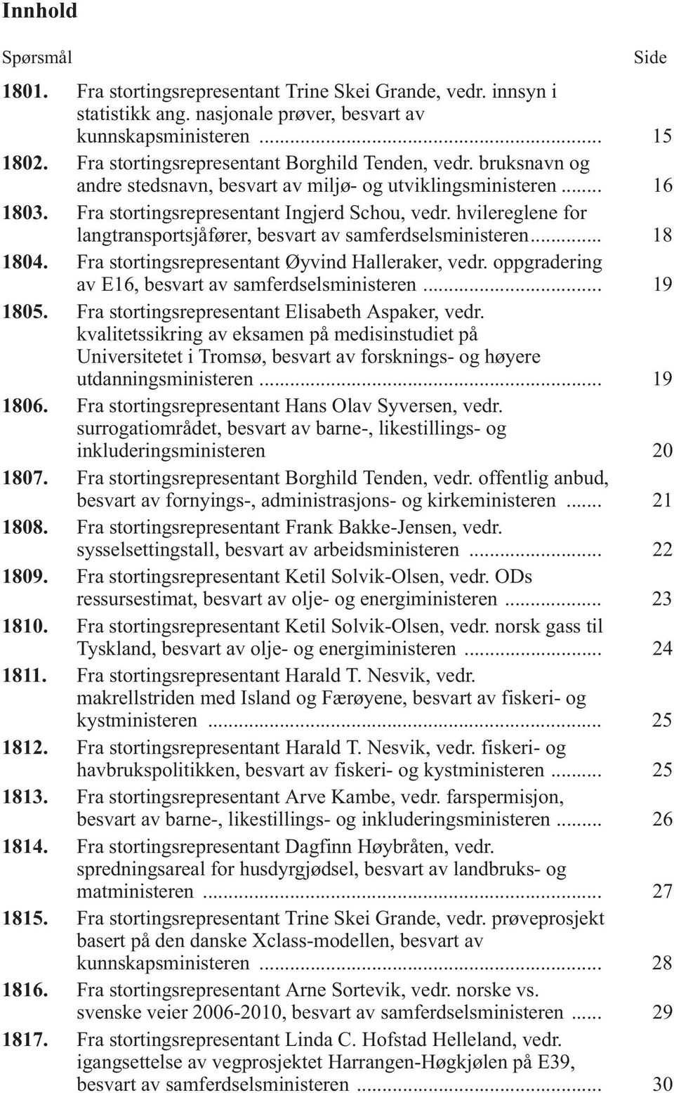 hvilereglene for langtransportsjåfører, besvart av samferdselsministeren... 18 1804. Fra stortingsrepresentant Øyvind Halleraker, vedr. oppgradering av E16, besvart av samferdselsministeren... 19 1805.