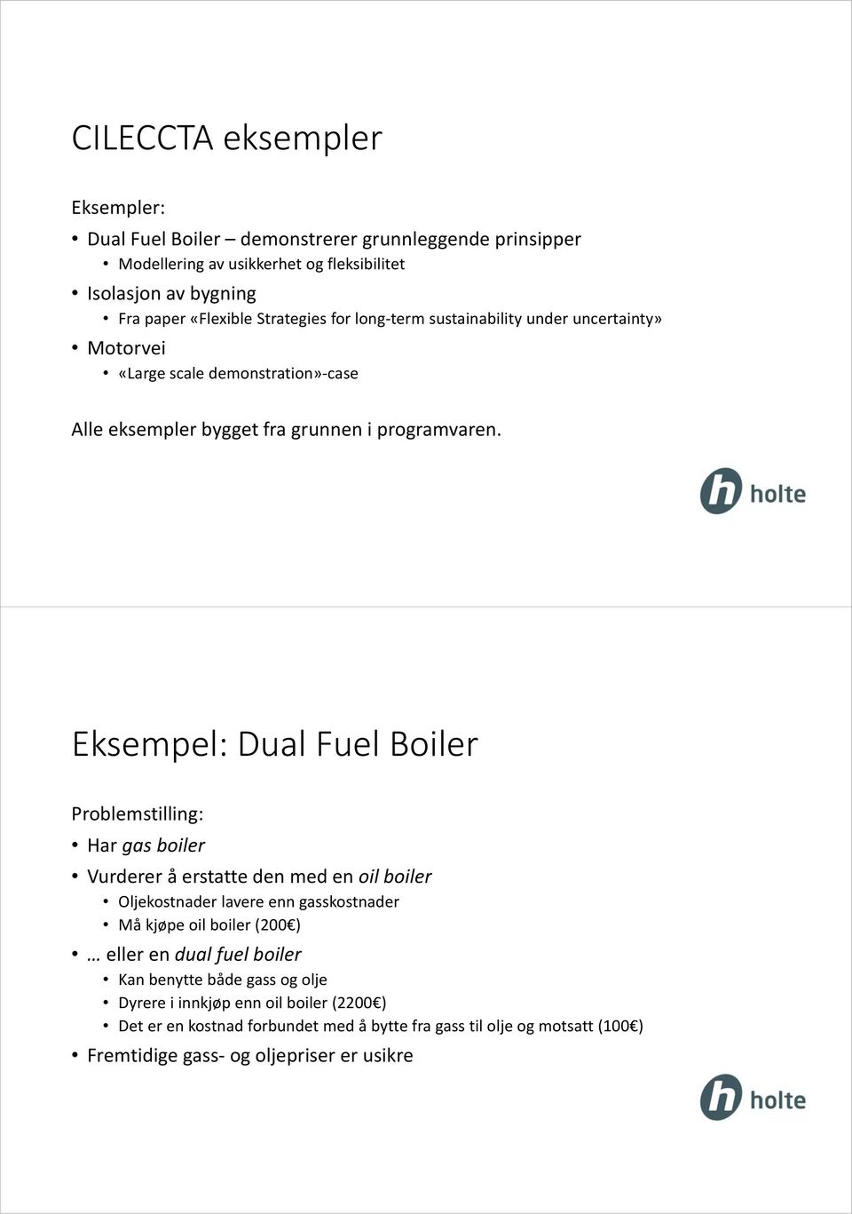 Eksempel: Dual Fuel Boiler Problemstilling: Har gas boiler Vurderer å erstatte den med en oil boiler Oljekostnader lavere enn gasskostnader Må kjøpe oil boiler (200 ) eller