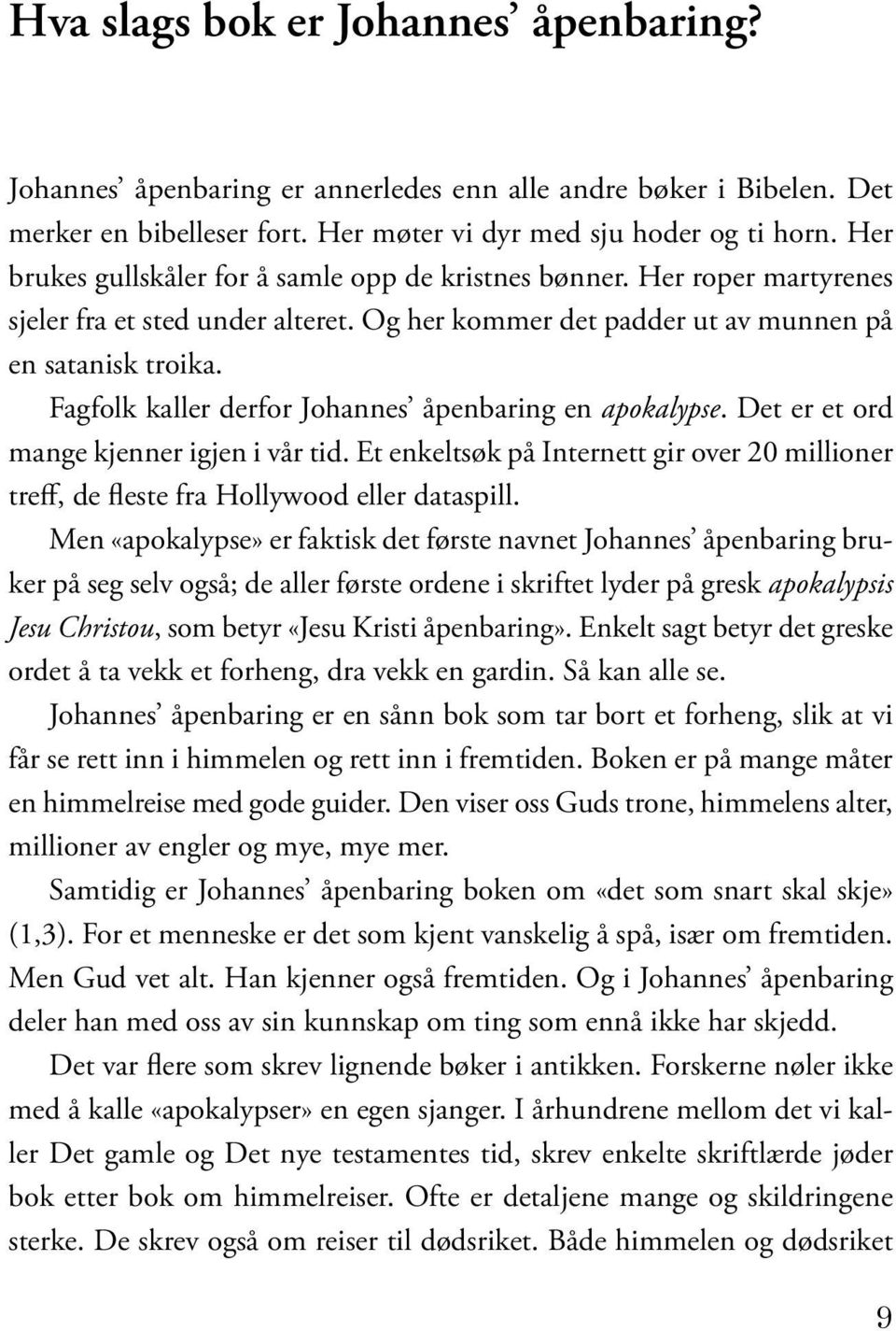 Fagfolk kaller derfor Johannes åpenbaring en apokalypse. Det er et ord mange kjenner igjen i vår tid. Et enkeltsøk på Internett gir over 20 millioner treff, de fleste fra Hollywood eller dataspill.