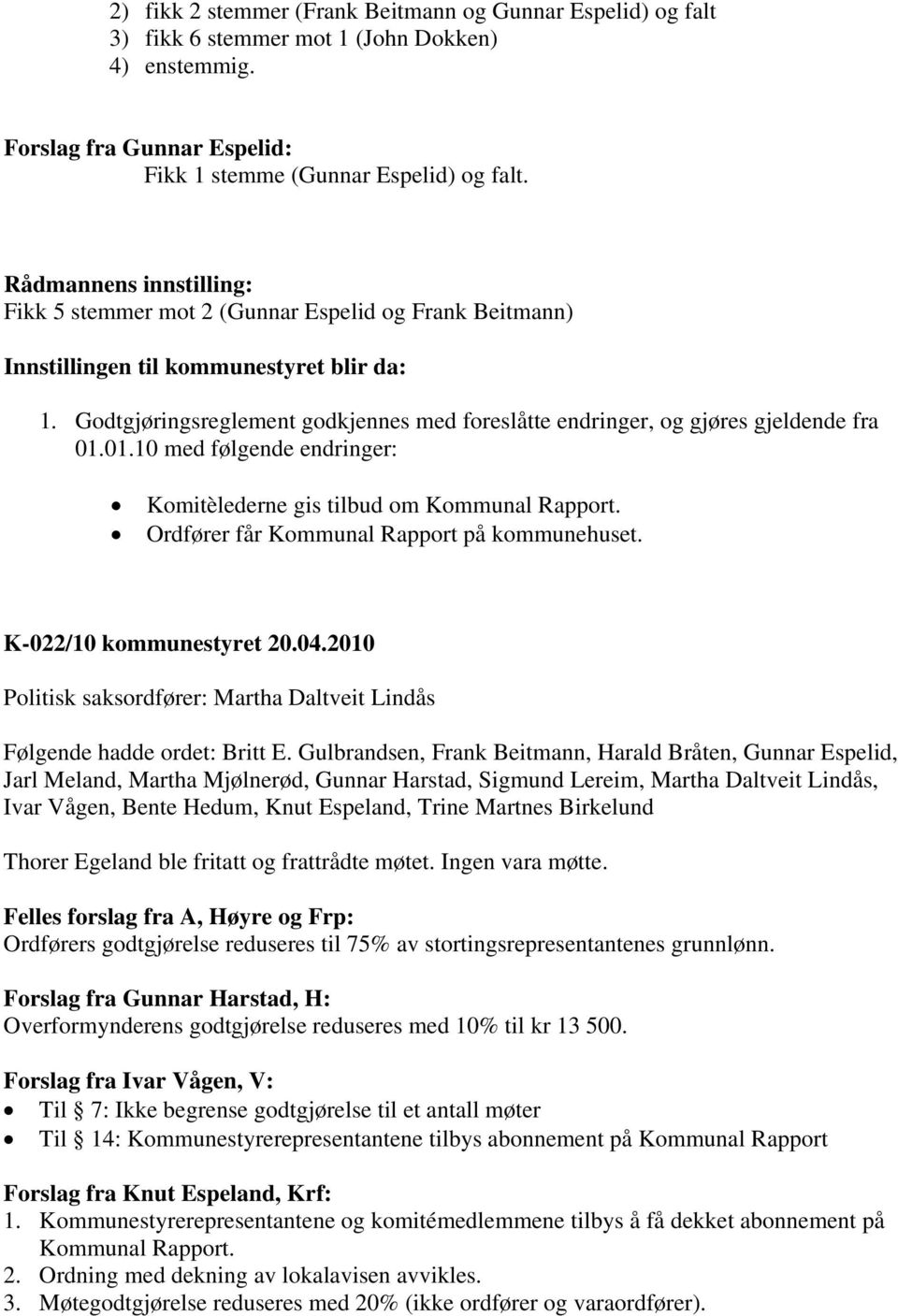 01.10 med følgende endringer: Komitèlederne gis tilbud om Kommunal Rapport. Ordfører får Kommunal Rapport på kommunehuset. K-022/10 kommunestyret 20.04.