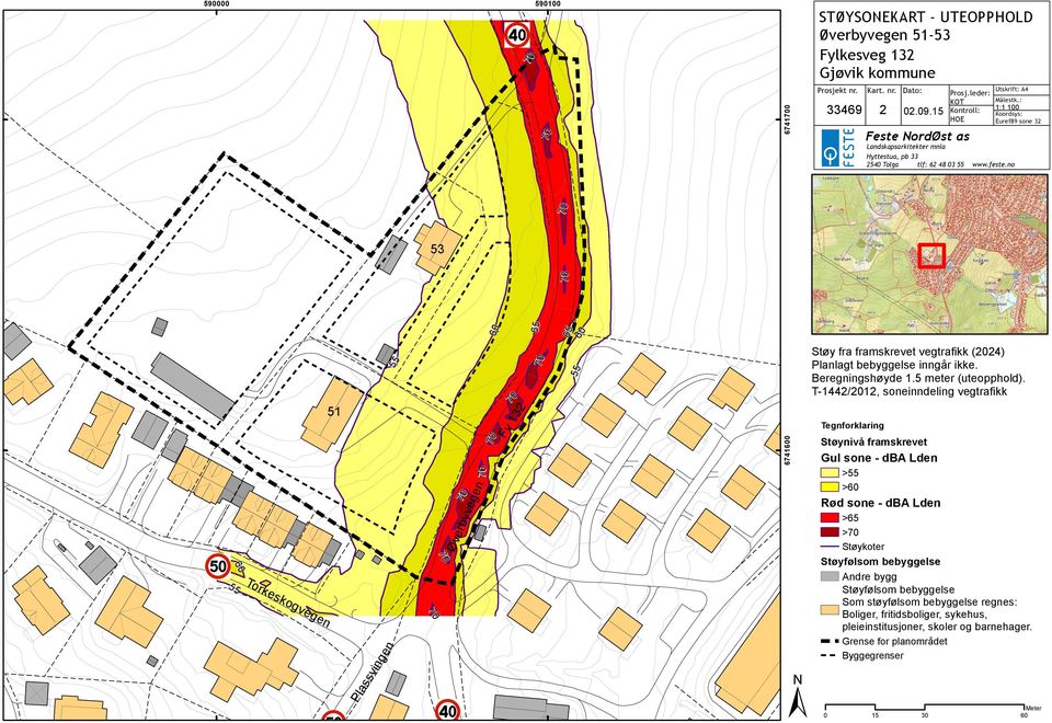 no Støy fra framskrevet vegtrafikk (2024) Planlagt bebyggelse inngår ikke. Beregningshøyde 1.5 meter (uteopphold).