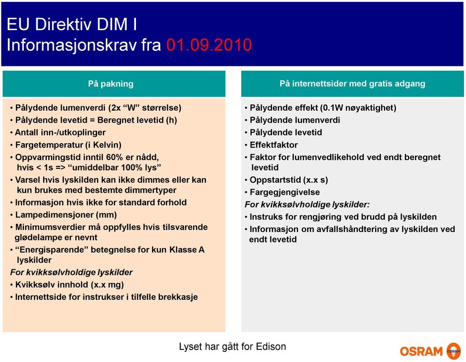 inntil 60% er nådd, hvis < 1s => umiddelbar 100% lys Varsel hvis lyskilden kan ikke dimmes eller kan kun brukes med bestemte dimmertyper Informasjon hvis ikke for standard forhold Lampedimensjoner