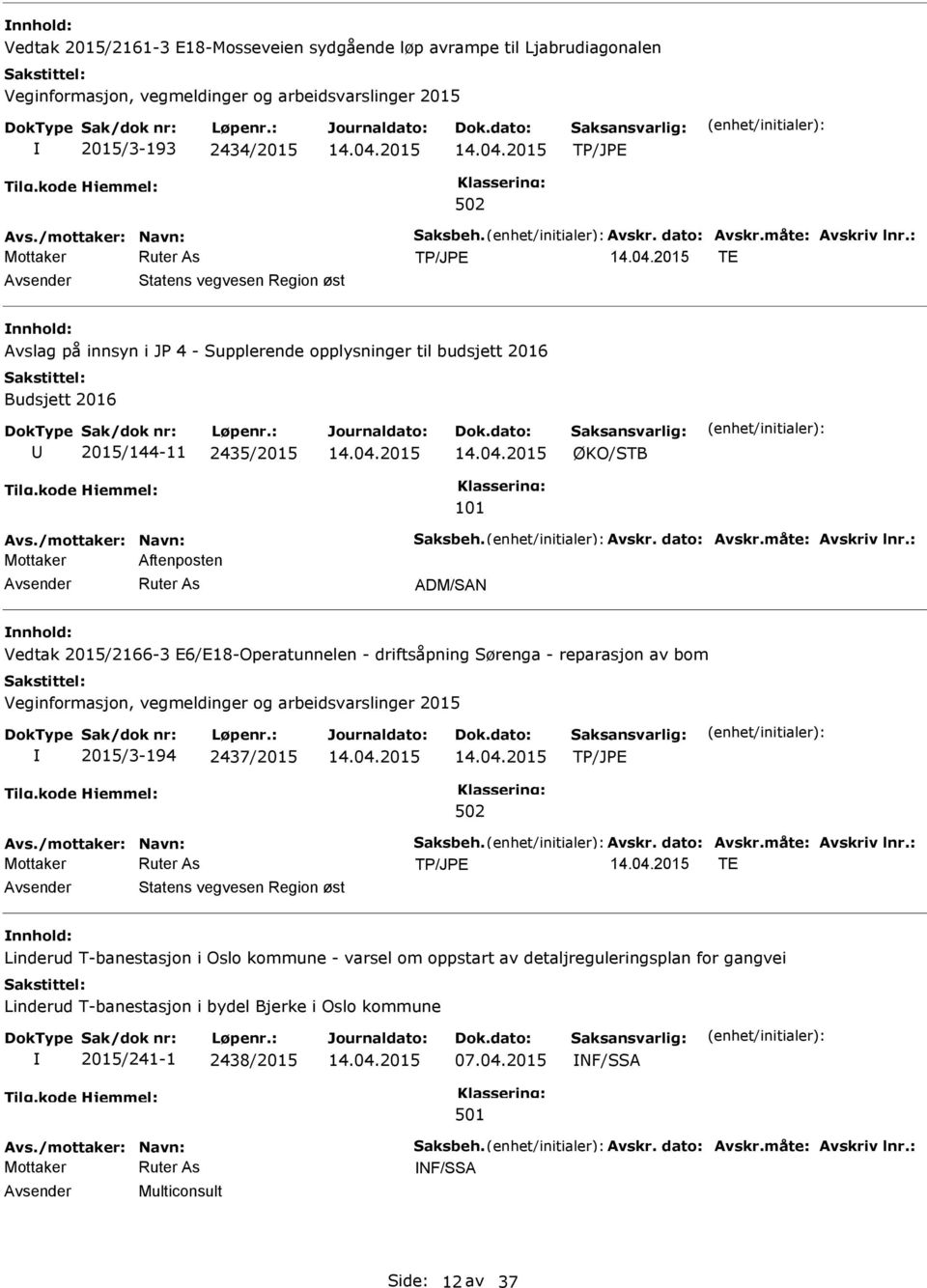 måte: Avskriv lnr.: Mottaker Aftenposten ADM/SAN Vedtak 2015/2166-3 E6/E18-Operatunnelen - driftsåpning Sørenga - reparasjon av bom 2015/3-194 2437/2015 Avs./mottaker: Navn: Saksbeh. Avskr. dato: Avskr.