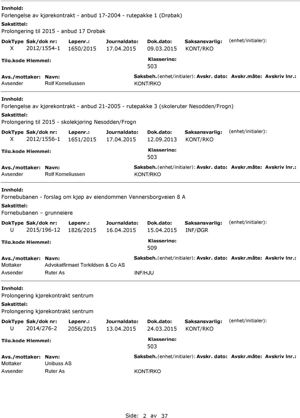 : Rolf Korneliussen Forlengelse av kjørekontrakt - anbud 21-2005 - rutepakke 3 (skoleruter Nesodden/Frogn) Prolongering til 2015 - skolekjøring Nesodden/Frogn X 2012/1556-1 1651/2015 12.09.2013 Avs.