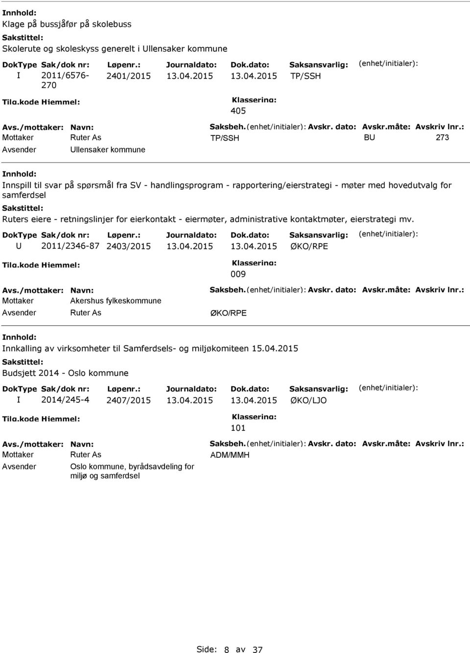 : TP/SSH B 273 llensaker kommune nnspill til svar på spørsmål fra SV - handlingsprogram - rapportering/eierstrategi - møter med hovedutvalg for samferdsel Ruters eiere - retningslinjer for